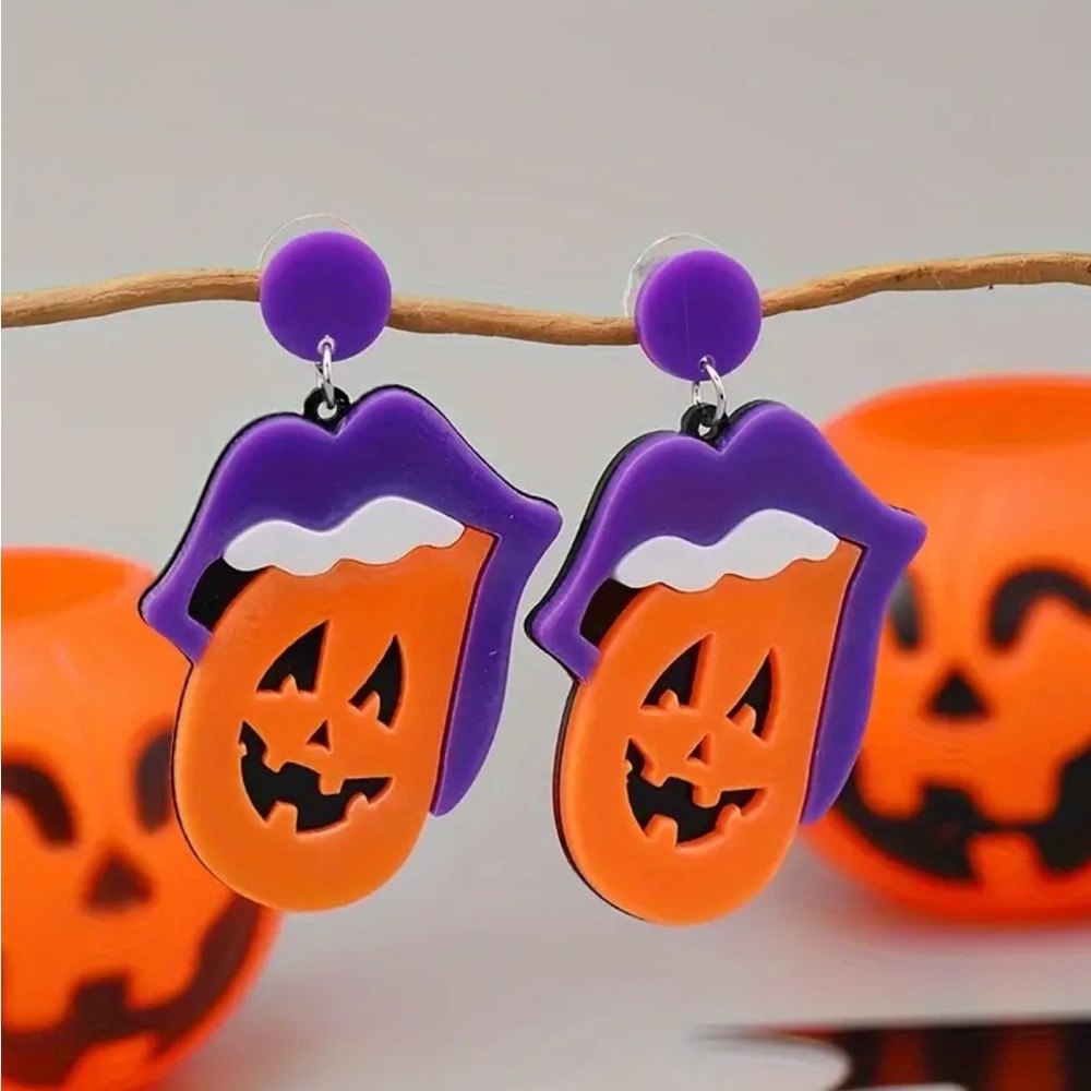 Rolling Stones Inspired Halloween Pumpkin Tongue Dangle Earrings